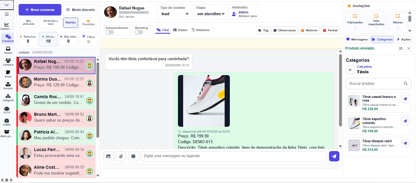 Tela do VirtuaMais com lista de conversas, histórico do cliente e dados do atendimento