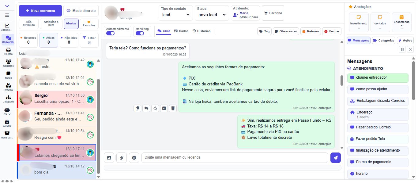 Tela real do VirtuaMais mostrando uma conversa e a lista de mensagens prontas para atendimento