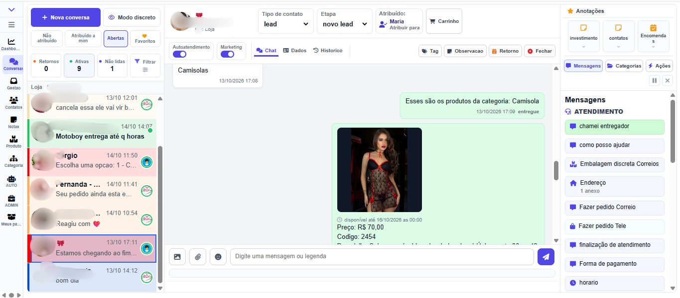 Tela real do VirtuaMais mostrando um produto enviado dentro de uma conversa