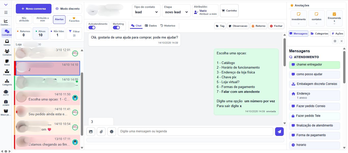 Tela real do VirtuaMais mostrando opções de um menu de autoatendimento numa conversa