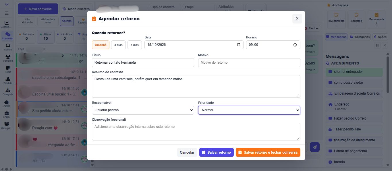 Tela real do VirtuaMais com formulário de agendamento de retorno, data, horário e contexto do cliente